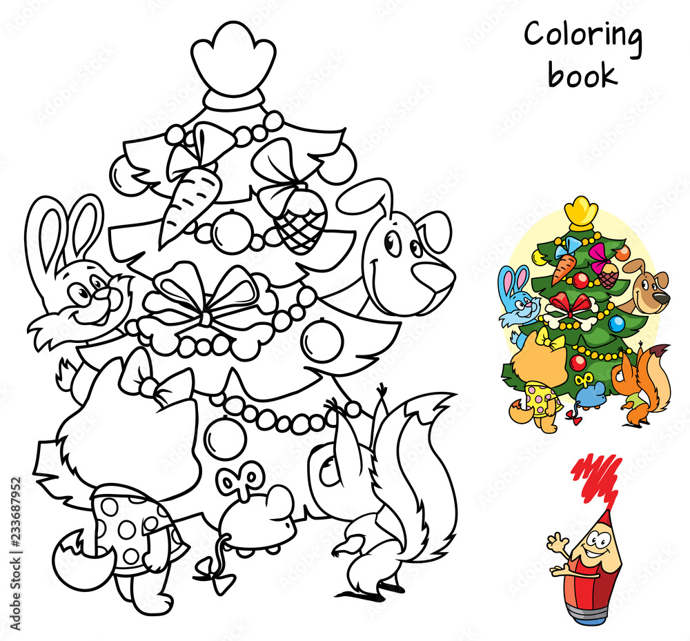 Fototapeta premium Squirrel, dog, cat and rabbit around Christmas tree. Coloring book. Cartoon vector illustration