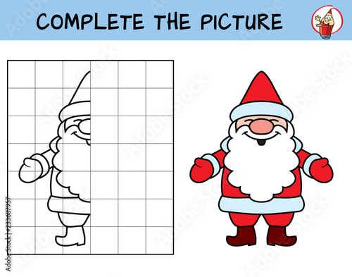 Complete the picture of Santa Claus. Copy the picture. Coloring book. Educational game for children. Cartoon vector illustration