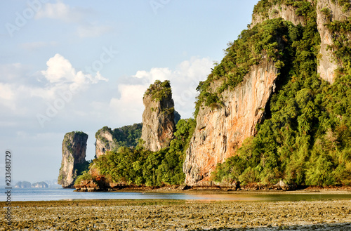 Rock cliffs of islands nearby popular southern Thailand beach, Ao Nang, Krabi.
