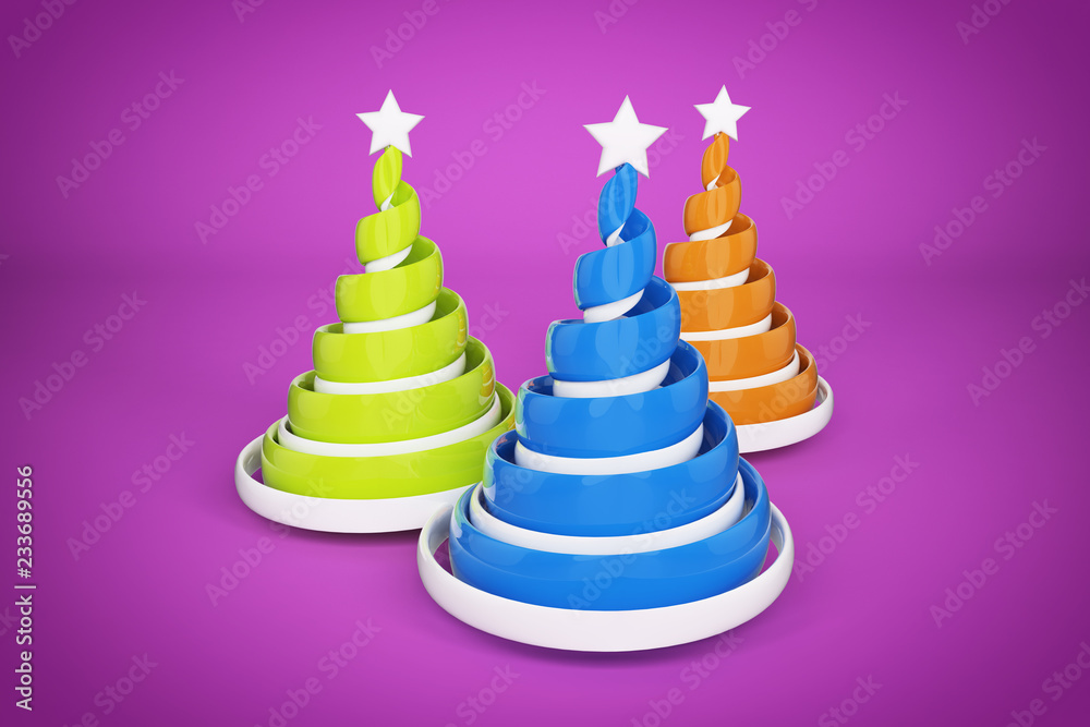 Abstract festive spiral christmas tree made of ribbons with star. 3d render illustration on violet background. Abstract festive spiral christmas tree made of ribbons with star. 3d render illustration on violet background.
