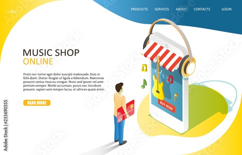 Music online shop landing page website vector template