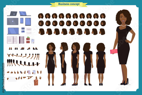 Black Girl in evening dress character creation set. Party woman in black trendy luxury gown. Full length, different views, gestures. Build your own design.