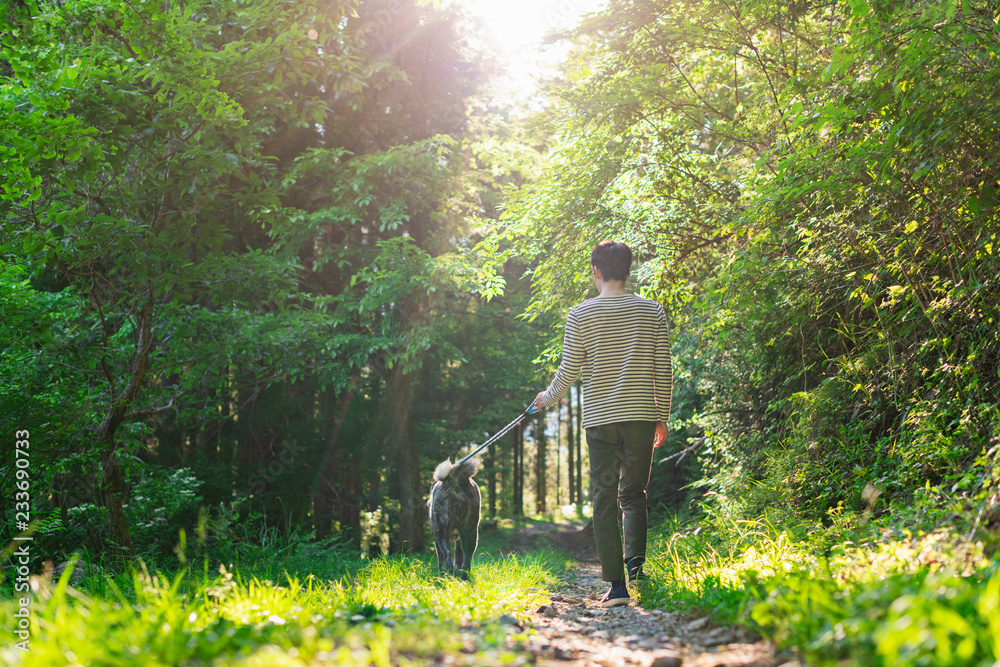 散歩する若い男性と犬 散歩する若い男性と犬