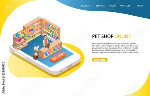 Pet shop online landing page website vector template
