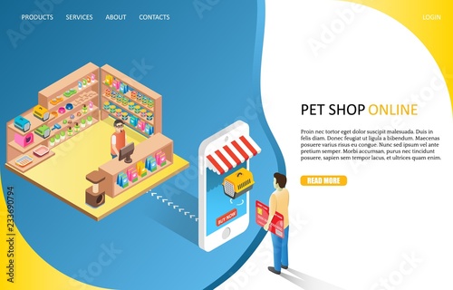 Pet shop online landing page website vector template