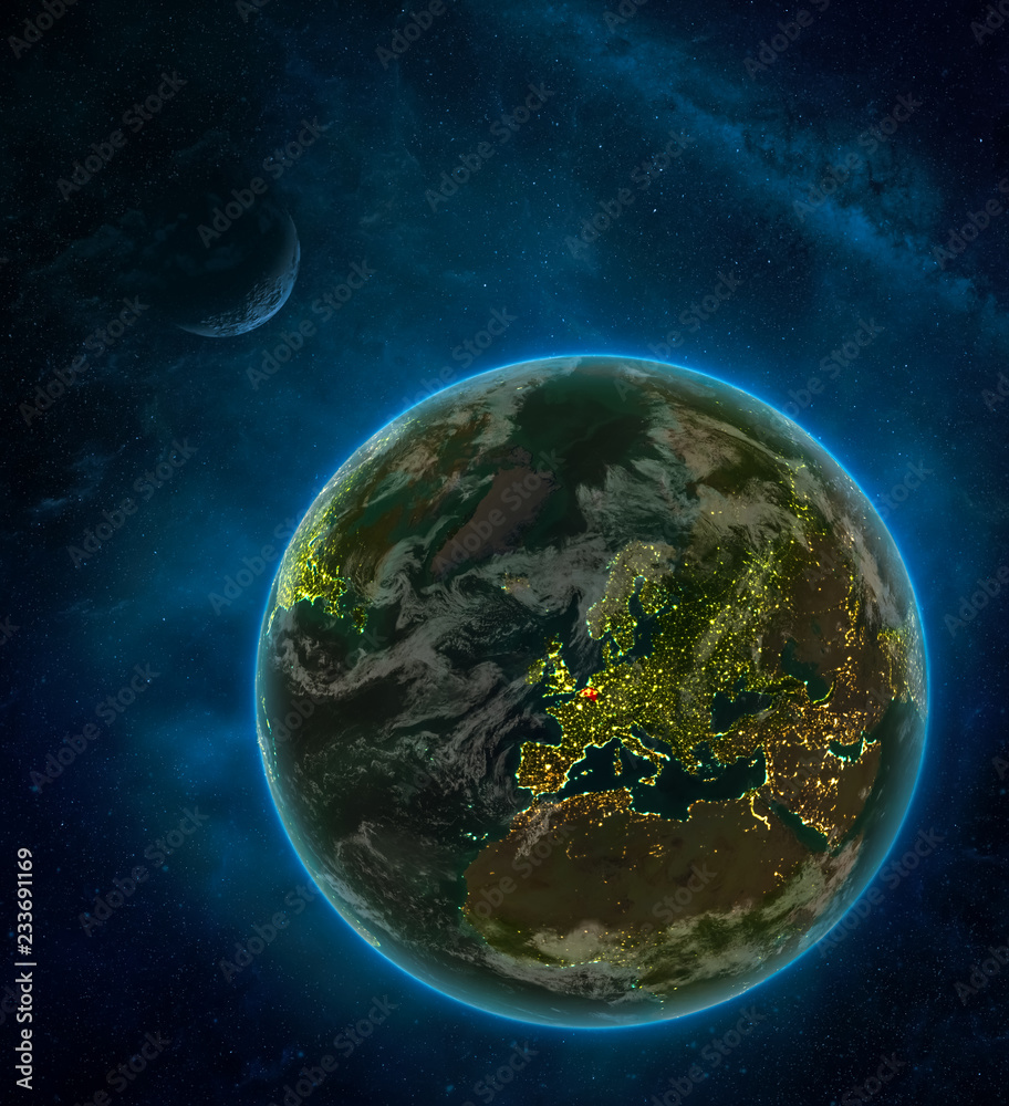Belgium from space on Earth at night surrounded by space with Moon and Milky Way. Detailed planet with city lights and clouds. Belgium from space on Earth at night surrounded by space with Moon and Milky Way. Detailed planet with city lights and clouds.
