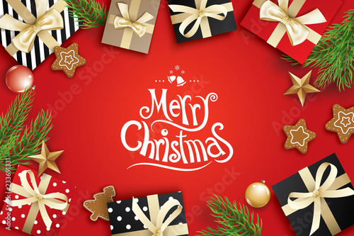 Merry christmas greeting card frame on red background. Vector illustration decoration with fir branches and gift. Use for banner, poster.