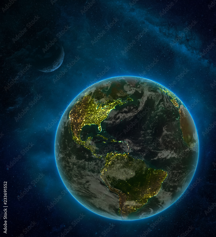 Caribbean from space on Earth at night surrounded by space with Moon and Milky Way. Detailed planet with city lights and clouds. Caribbean from space on Earth at night surrounded by space with Moon and Milky Way. Detailed planet with city lights and clouds.