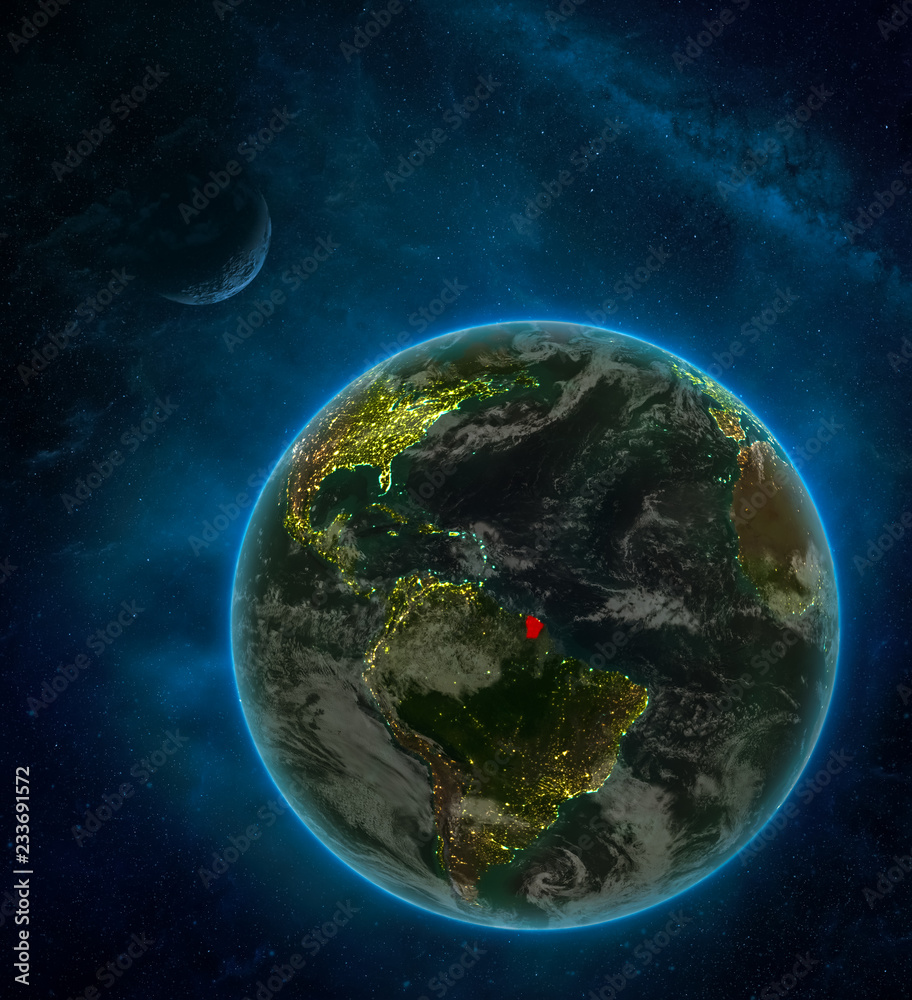 French Guiana from space on Earth at night surrounded by space with Moon and Milky Way. Detailed planet with city lights and clouds. French Guiana from space on Earth at night surrounded by space with Moon and Milky Way. Detailed planet with city lights and clouds.