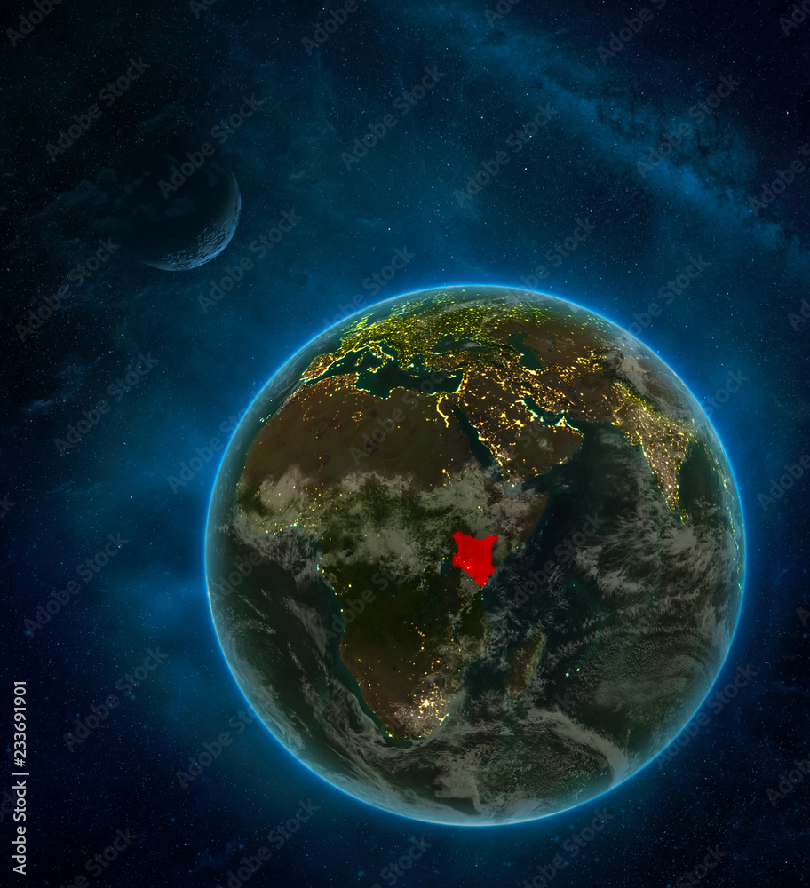 Kenya from space on Earth at night surrounded by space with Moon and Milky Way. Detailed planet with city lights and clouds.