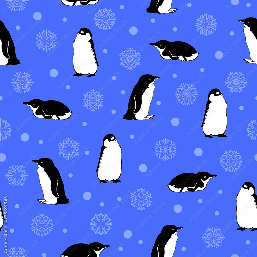 Obraz premium penguins and snowflakes. blue winter background. vector seamless pattern. textile paint. repetitive background. fabric swatch. wrapping paper.
