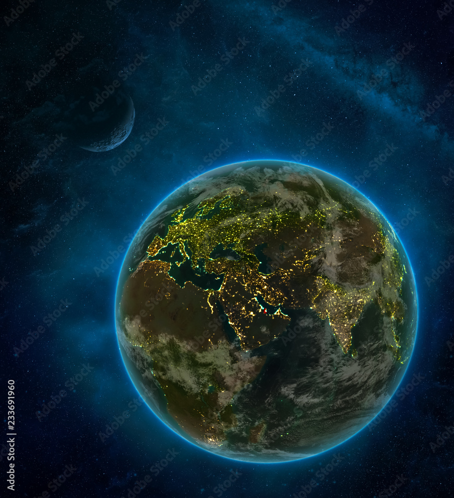 Qatar from space on Earth at night surrounded by space with Moon and Milky Way. Detailed planet with city lights and clouds. Qatar from space on Earth at night surrounded by space with Moon and Milky Way. Detailed planet with city lights and clouds.