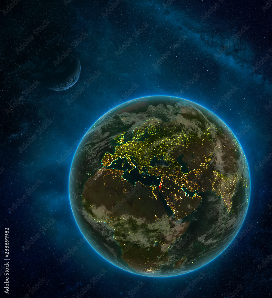 Obraz premium Israel from space on Earth at night surrounded by space with Moon and Milky Way. Detailed planet with city lights and clouds.