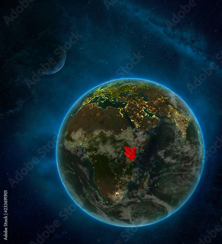 Kenya from space on Earth at night surrounded by space with Moon and Milky Way. Detailed planet with city lights and clouds.