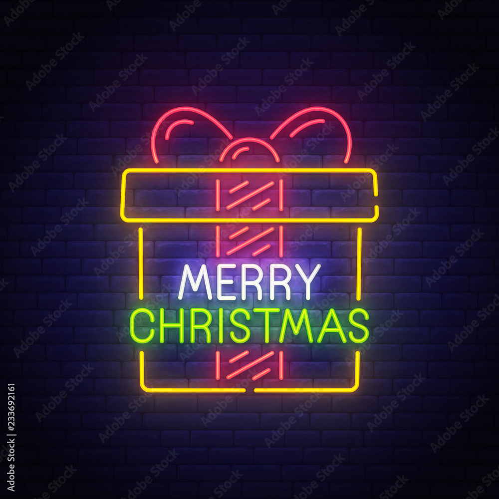 Merry Christmas neon sign, bright signboard, light banner. Gift neon logo, emblem. Christmas present. Vector illustration Merry Christmas neon sign, bright signboard, light banner. Gift neon logo, emblem. Christmas present. Vector illustration