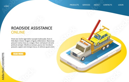 Online roadside assistance landing page website vector template