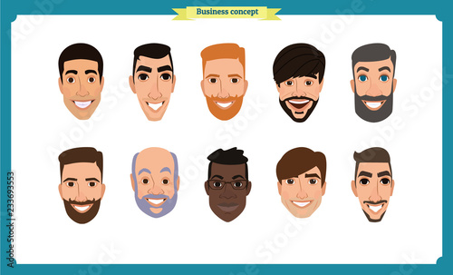 Group of people, business bearded men avatar icons.Flat design people characters.Business avatars set. Isolated vector on white. Face template for design, animation.Smiling, People characters