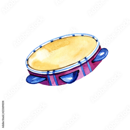 Watercolor illustration of pandeiro. Music percussion instrument on white background