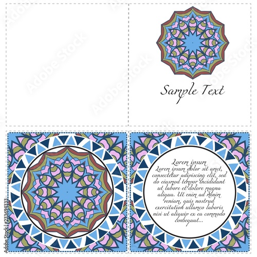 Invitation or Card template with floral mandala pattern. The front and rear side. Vector illustration