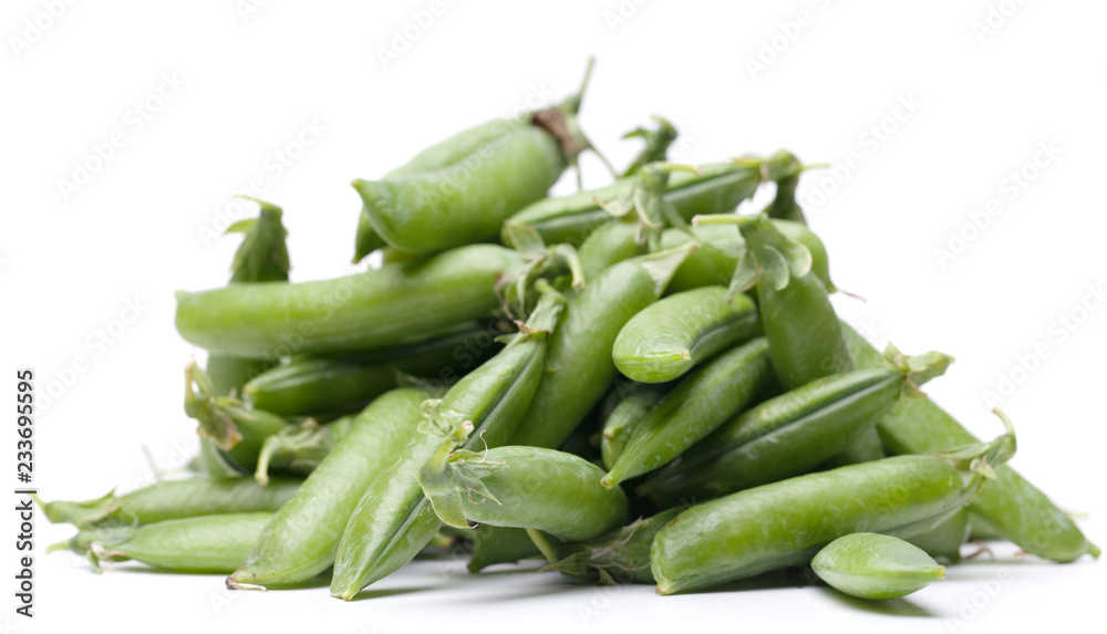 green fresh peas isolated on white background