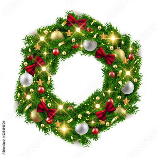 Merry Christmas Happy New Year fir tree wreath with decorations, vector illustration