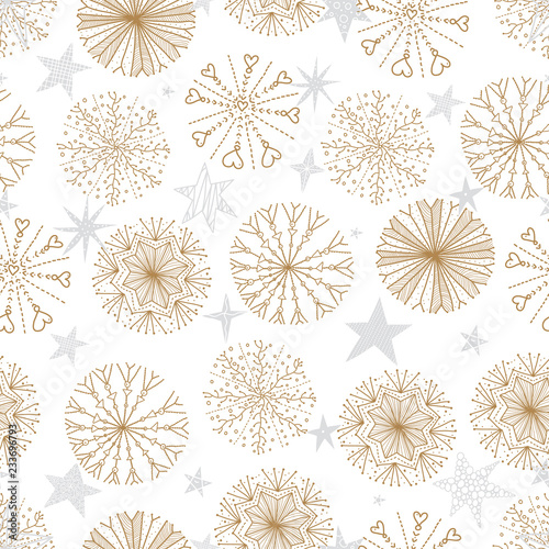 Cute winter seamless pattern with gold decorative snowflakes and silver stars.