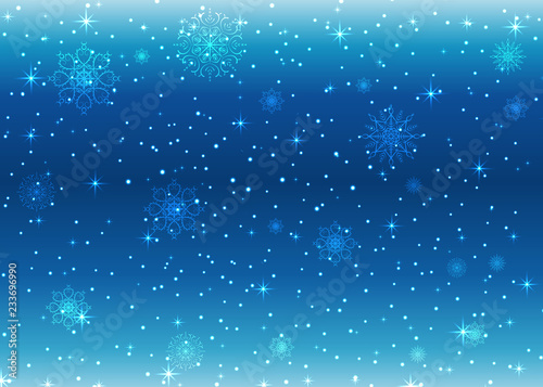 Abstract glowing Christmas, festive background, snow, sparkles and glowing elements on blue background. Glowing snowflakes.
