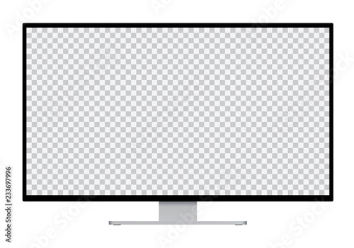 Realistic illustration of black computer monitor with silver stand and blank transparent isolated screen with space for your text or image - isolated on white background photo