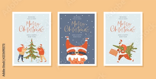 Merry christmas and happy new year greeting cards with people. Vector winter season set. Postcard or invitation template.