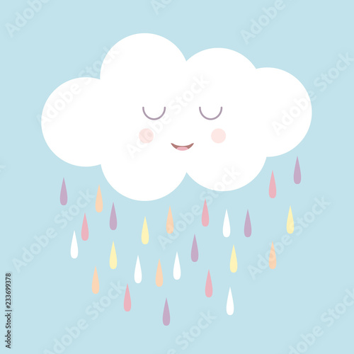 Cute smiling rain cloud with rain drops in shades of blue. Nursery art for boys.