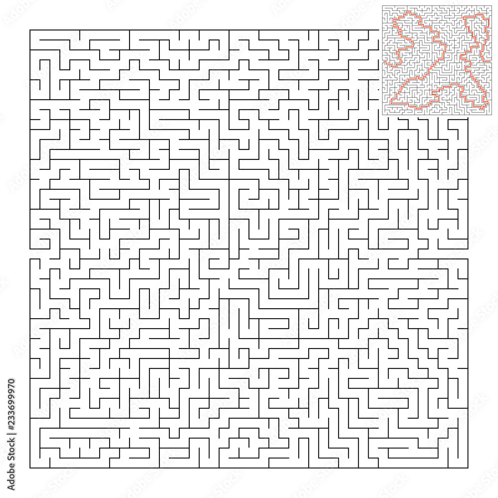 Difficult square maze. Game for kids. Puzzle for children and adult. One entrance, one exit. Labyrinth conundrum. Flat vector illustration isolated on white background. With answer.