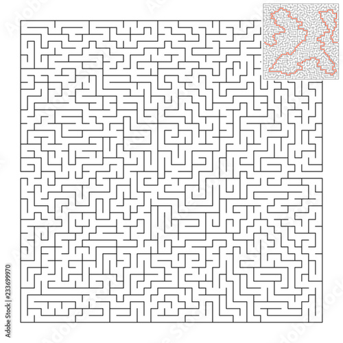 Difficult square maze. Game for kids. Puzzle for children and adult. One entrance, one exit. Labyrinth conundrum. Flat vector illustration isolated on white background. With answer.