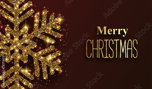Merry Christmas festive poster with golden shiny snowflake.