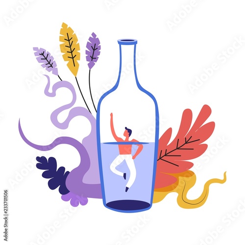 Family problem, man drowning in bottle with alcoholic drink