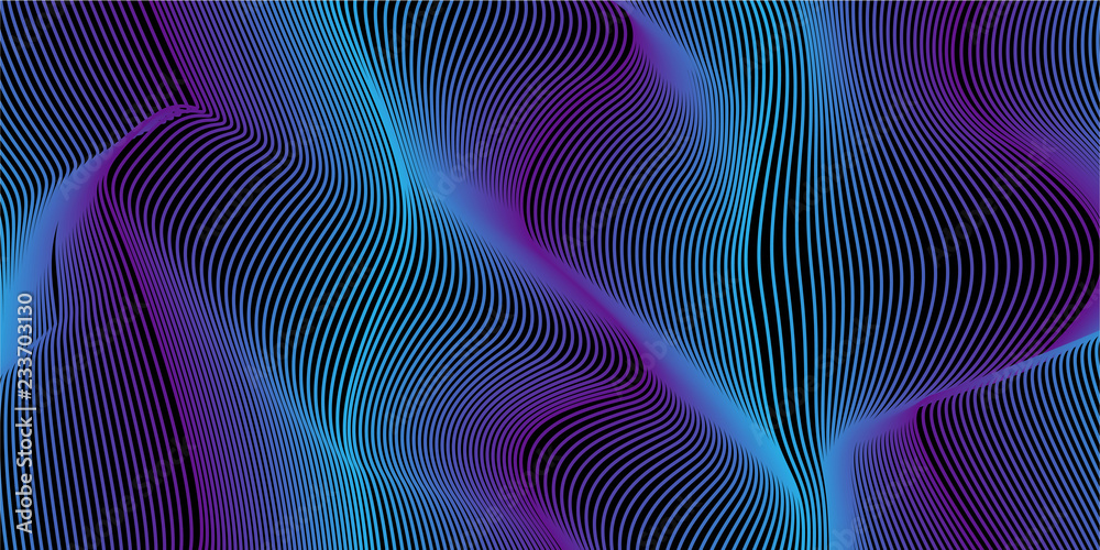 Wavy background of lines. Colorful dynamic surface with optical illusion.  Blue and purple waves on black background.Vector. Stock Vector
