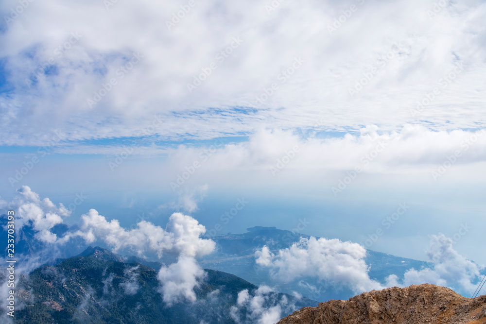 view from the peak of Tahtal mountain, height 2365 meters, on the coastline of the Mediterranean Sea, Camyuva village