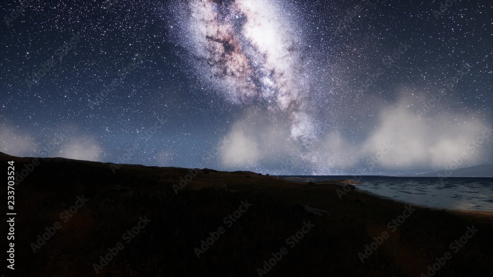 Milk Way stars above the lake at night