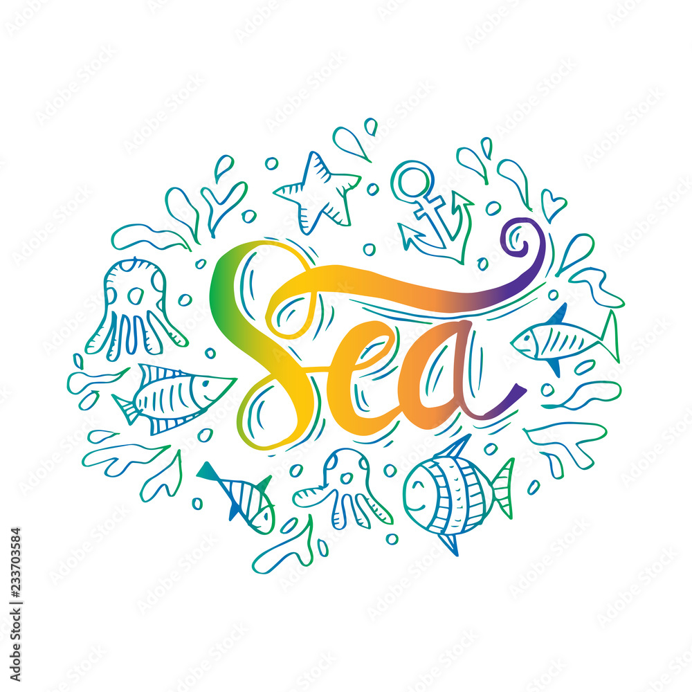 Hand Drawn  illustration with sea decoration elements and text  Sea 