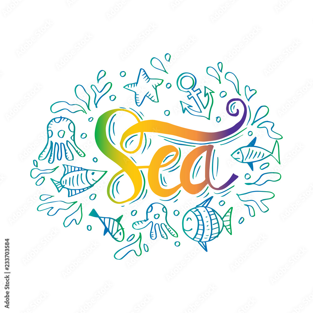 Hand Drawn illustration with sea decoration elements and text Sea Hand Drawn illustration with sea decoration elements and text Sea