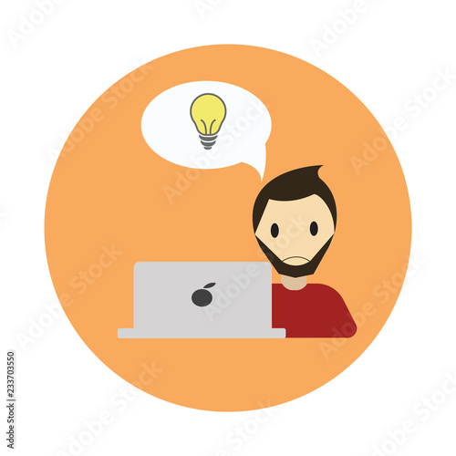 Working behind computer idea bulb flat on white backgroun icon