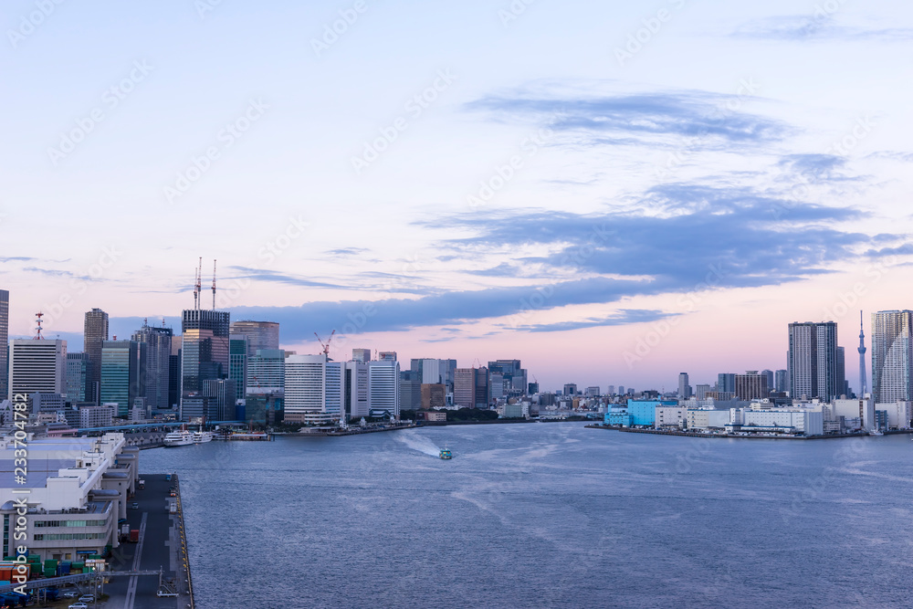 dusk of tokyo bay area seen from rainbow bridge dusk of tokyo bay area seen from rainbow bridge