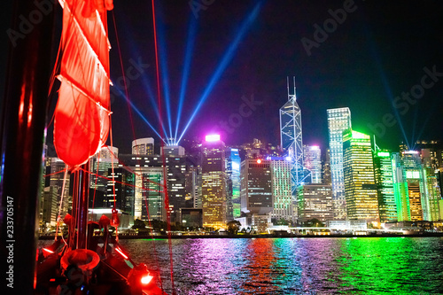Canvas Print Hong Kong harbor view from junk boat at night