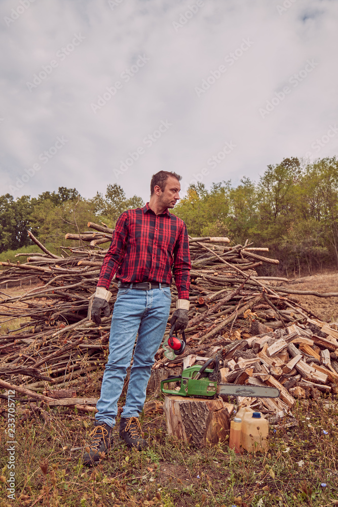 Fototapeta premium Lumberjack with chainsaw and pile of cut woods.