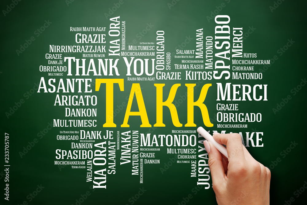 Takk (Thank You in Icelandic) Word Cloud on blackboard, all languages Takk (Thank You in Icelandic) Word Cloud on blackboard, all languages