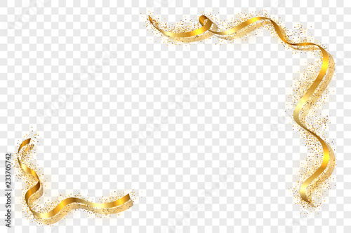 Gold ribbon frame. Golden serpentine design. Decorative streamer border, isolated transparent white background. Decoration for Christmas, carnival, holiday celebration, birthday. Vector illustration