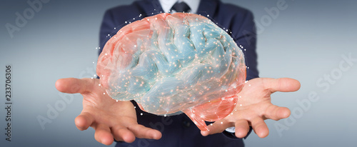 Businessman using digital 3D projection of a human brain 3D rendering