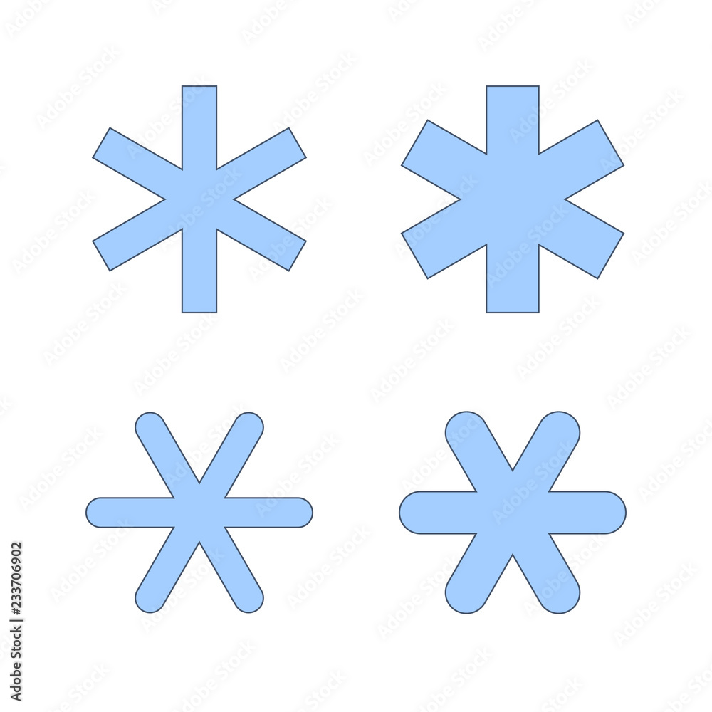Snowflakes signs set. Blue Snowflake icons isolated on white background. Snow flake silhouettes. Symbol of snow, holiday, cold weather, frost. Winter design element. Vector illustration Snowflakes signs set. Blue Snowflake icons isolated on white background. Snow flake silhouettes. Symbol of snow, holiday, cold weather, frost. Winter design element. Vector illustration