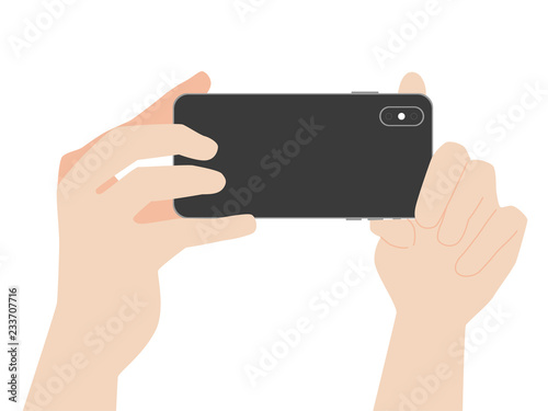 Hand hold new powerful Smart Phone new design advance technology with high resolution display, finger hand catch, business device concept, isolated on white background flat vector.