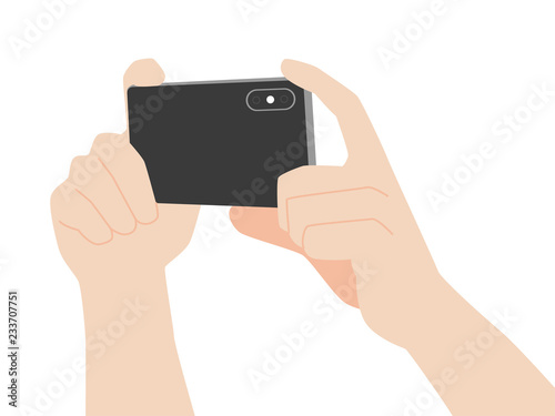 Hand hold new powerful Smart Phone new design advance technology with high resolution display, finger hand catch, business device concept, isolated on white background flat vector.