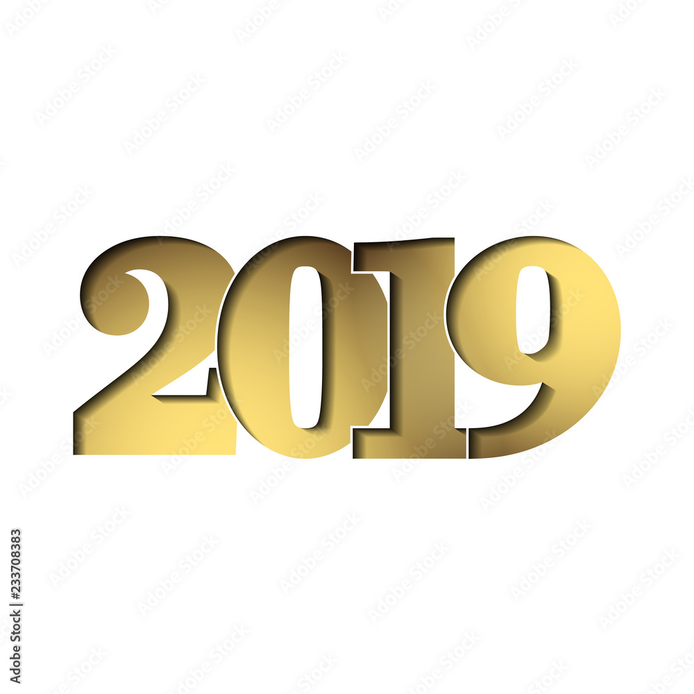 Happy new year card. Gold 3D number 2019, isolated on white background. Golden graphic design for holiday celebration, greeting text, Christmas banner decoration. Vector illustration Happy new year card. Gold 3D number 2019, isolated on white background. Golden graphic design for holiday celebration, greeting text, Christmas banner decoration. Vector illustration